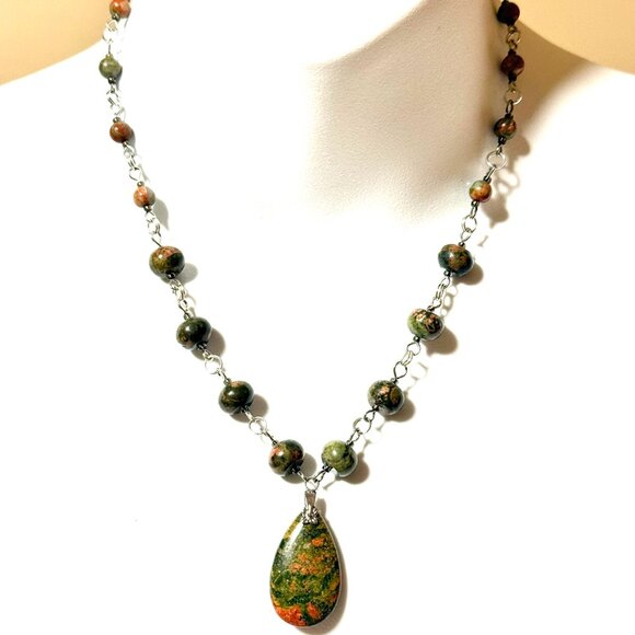 Genuine Jungle Green Unakite Necklace, Natural Gemstone Pendant Necklace - Picture 2 of 16